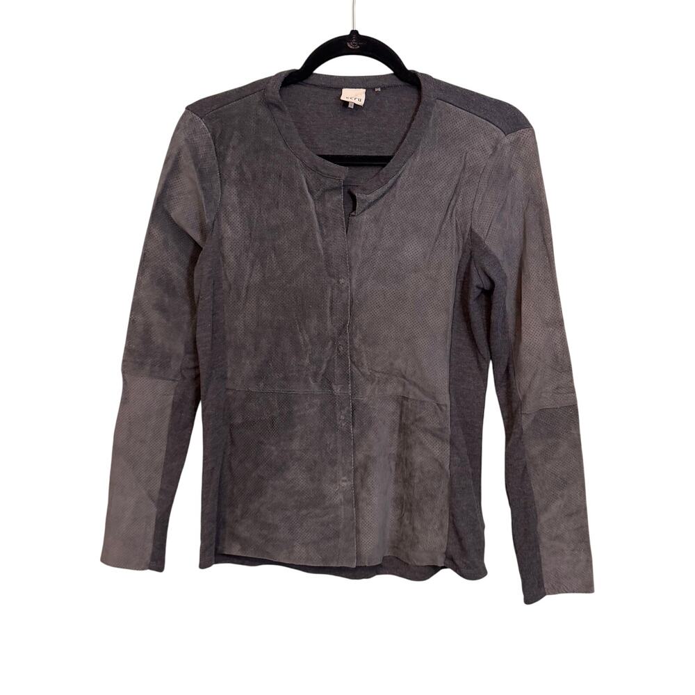 Ecru Cardigan Chant Sweater Womens Small Gray Perforated Suede Snap Long Sleeves
